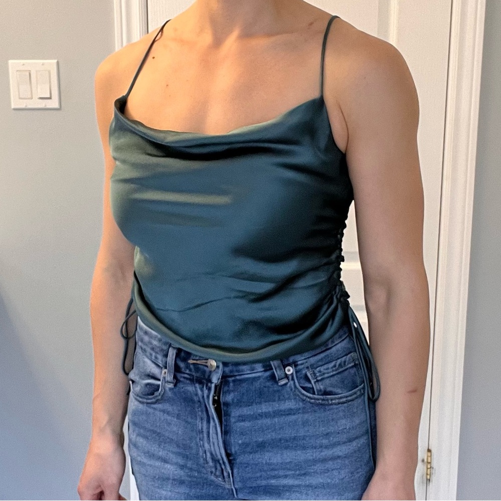 Elegant Green Satin Cowl Neck Top